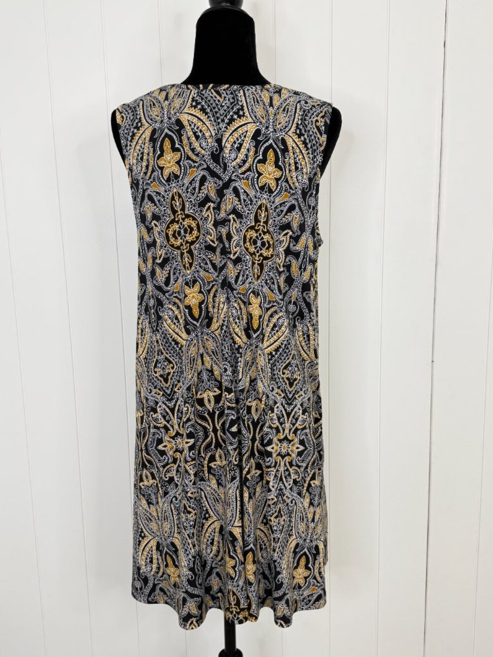 Tahari Paisley Sleeveless Dress Womens LG Black Gold Stretch Pocket Tank Dress - Picture 4 of 7